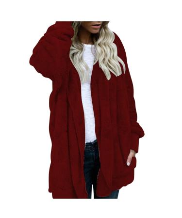 Hanxiulin fleece plush jacket fluffy warm zipper wool jacket women cardigan long hood fleece jacket fleece buffer coat with hooded breathable stitch fleece jacket 3xl red