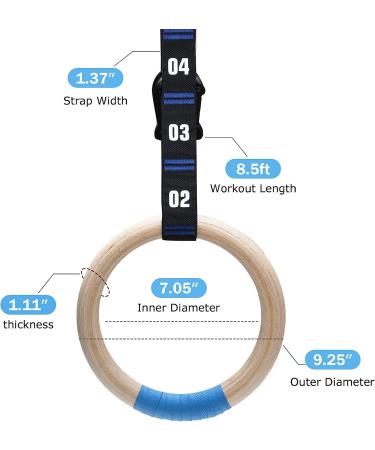 Zingtto Wooden Gymnastic Rings | Adjustable Numbered Straps | 1.25'' or 1.1'' Dia | 32MM Wood Rings | Premium Quality - Buy Online on GoSupps.com