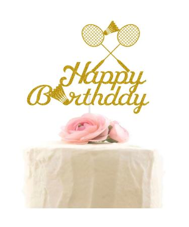 Badminton Happy Birthday Cake Topper Badminton Players Cake Decoration Sports Themed Birthday Party Supplies for Badminton Athletes and Lovers Gold Glitter