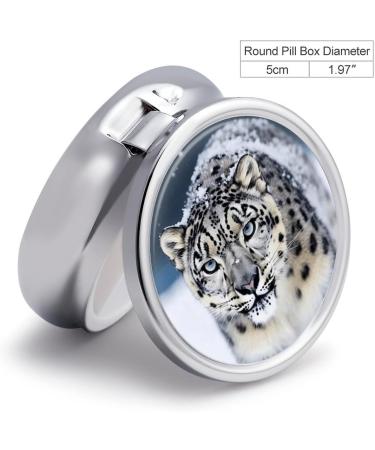 Round Blue Eyed Snow Leopard Print Pill Box | 3 Compartment Portable Pill Organizer | Decorative Metal Pocket Medicine Case - Buy Online on GoSupps.com