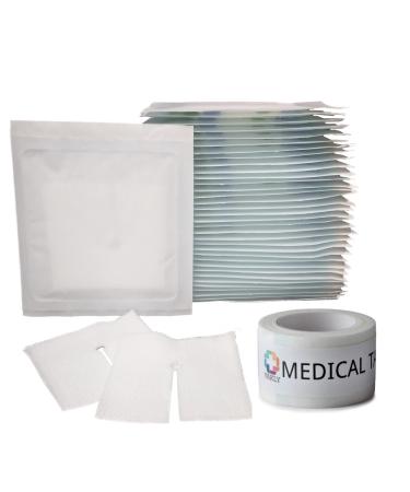 Split Drain Sponge 2x2 6 Ply [Pack of 70] Precut 2"X2" Sterile Slit Gauze Pads - 35 Packs of 2 + 1 Roll of Medical Tape