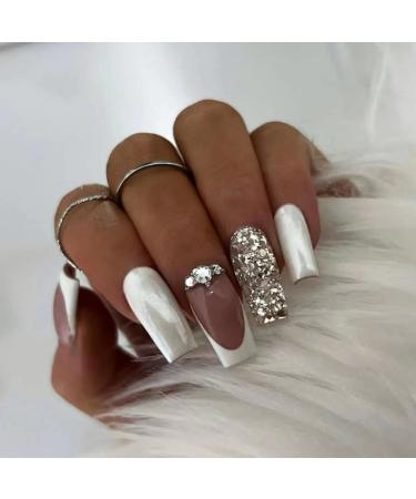 Justotry 24 pieces glitter coffin nails for sticking with rhinestones milky French artificial nails ballerina artificial nail press on nails with glue coffin fingernails fake nails medium for women milky & jewels1 - Buy Online on GoSupps.com