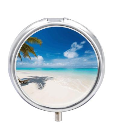 Round Pill Box White Beach Tropical Sea Print 3 Compartment Medicine Pill Case Print Pill Organizer Decorative Metal Portable Pill Box Pocket Pill Box Style-30