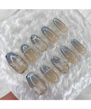 Enppode French Tip Press on Nails Medium Fake Nails Glossy Nails for Women with Design Acrylic Nails 24 PCs/Set (Butterfly Design)