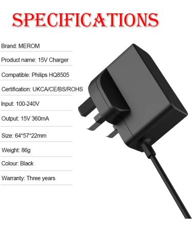 MEROM 15V Razor Power Cord for Philips HQ8505 Charger - Compatible with Norelco Shaver & Grooming Trimmer - Buy Online on GoSupps.com