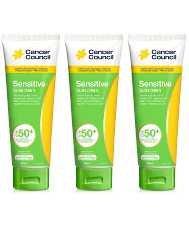CANCER COUNCIL Sensitive Sunscreen Lotion SPF50+ with Aloe Vera and Vitamin E for Sensitive Skin - 110 ml x 3.
