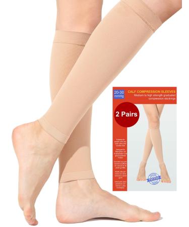 2 pairs of calves Medical compression stockings women & men 20-30 mmHg class 2 calf supports graded support support stockings for varicose veins edema flight sport l 2x beige
