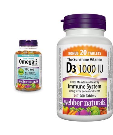 Webber Naturals Omega-3 900 mg Triple Strength 80 Clear Enteric No Fishy Aftertaste Softgels & Vitamin D3 1000 IU 260 Tablets For Healthy Bones Teeth and the Maintenance of Good Health 80 Omega + VITAMIN 3806