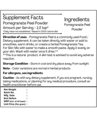 H&C 100% Natural Pomegranate Peel Powder (Punica grantum) - 227 g / 0.5 lb - Buy Online on GoSupps.com