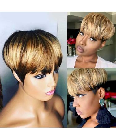 Alcobi Pixie Cut Wigs for Black Women Human Hair Short Bob Wigs with Bangs Black Mixed Brown Highlight Color Wigs African American Mixed Color… 8 Inch Non Lace Wig