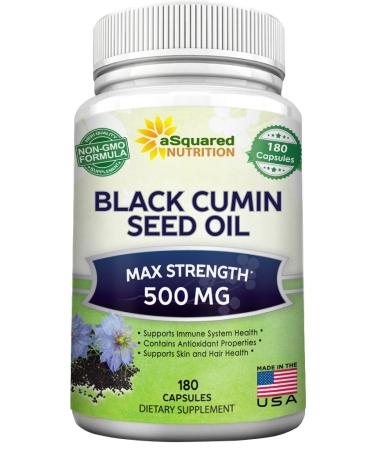 Black Cumin Seed Oil 500mg - 180 Capsules - Cold Pressed Black Seed Oil (Nigella Sativa) Supplement Pills to Support Skin & Hair Health - Virgin & First Pressing - Non-GMO