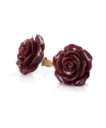 925 Sterling Silver Earrings Rose Flower Pretty Blooming Carved Red Rose Dangle Earrings Tiny Resin Rose for Women for Teen for Mother