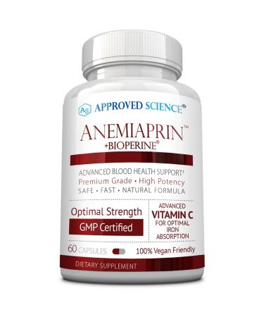 Approved Science Anemiaprin - Absorbable Iron Vitamin C - Supports Hemoglobin Blood Oxygen Levels Energy - Gentle On Stomach - 60 Capsules - 1 Month Supply - Non-GMO Vegan 60 Count (Pack of 1) - Buy Online on GoSupps.com