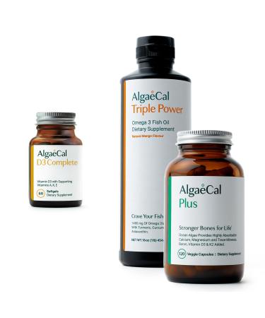 ALGAECAL Bundle - Vitamin D3 Complete (1000 IU) + Vitamins K2 E & A & Plant-Based Calcium for Stronger Bones & Fish Oil Omega 3 1200mg EPA DHA