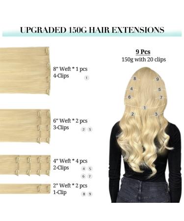 Doores Extensions: Real Hair Clip-In Extensions - Bleach Blonde 60cm (24 inch) - 9 Pieces 150g Remy Human Hair for Thick Volume #613r - Buy Online on GoSupps.com