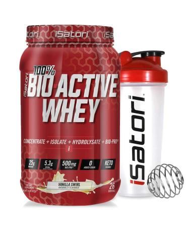 iSatori Bio-Active Whey Protein Powder - Vanilla Swirl (30 Servings) & iSatori Classic Blender Bottle (Clear Bottle with Red Top)