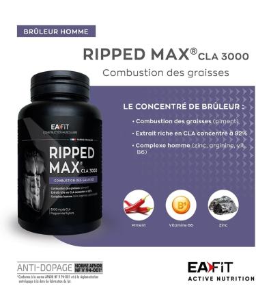 EAFIT - Ripped Max CLA 3000 - Powerful fat burner 3g CLA + Chili pepper + Zinc +Vitamins B6 - Facilitates fat burning during sports sessions - Designed for strength training - 60 Capsules - Buy Online on GoSupps.com