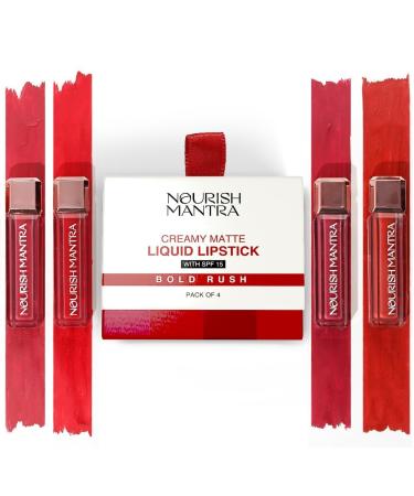 NOURISH MANTRA Matte Liquid Lipstick with SPF/Mini Lipstick/Water Proof/Smudge Proof/Transfer Proof/Long Lasting/For All Skin Tones/Set of - 4 (1.2ml Each) Bold Rush Creamy Multicolor 0.16 Fl Oz (Pack of 1)