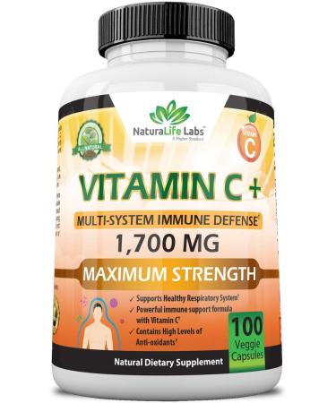 Vitamin C 1700 MG with Vitamin D3 Zinc Elderberry Ginger Root - Maximum Strength Multi System Immune Support- 100 Veggie Capsules