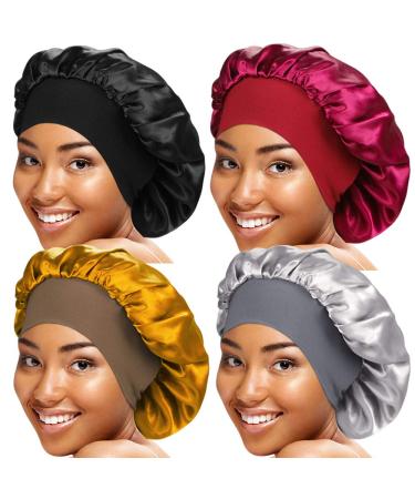 4 Pieces Wide Band Satin Cap Sleep Bonnet Soft Night Sleep Hat for Women One Size Black+Wine red+Gold+Sliver