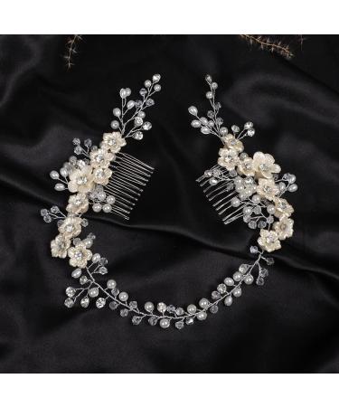 BERYUAN Bridal White Flowers Crystal Pearl hair comb Silver Hair Accessories for Wedding Women and Girls Side Flower Headband Hair Comb