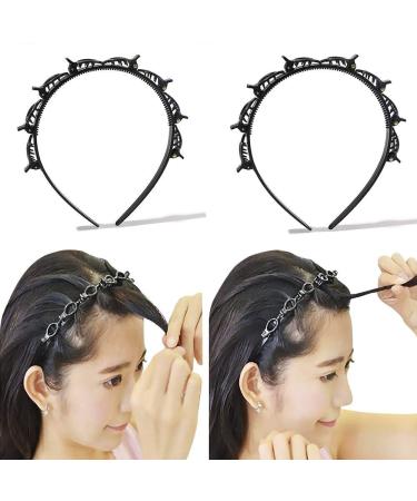 Headbands for Women Head bands for Girls Thin Plastic Headband with Clips Hair Bands Fashion Braided Headbands Double Layer Twist Plait Hair Tools Double Bangs Hairstyle Hairpin for Work out Black YHHFG-019