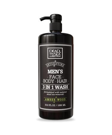 Dead Sea Collection 3 in 1 Body Wash for Men Amber Wood Cleanser for Body Hair and Face - 33.8 Fl. Oz.