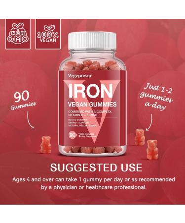 Vegan Iron Gummies Supplement with Vitamin C, B-Complex, Folate, Zinc 90 Ct Peach Flavor for Adults & Kids - Blood Builder & Energy Support, No After Taste - Buy Online on GoSupps.com