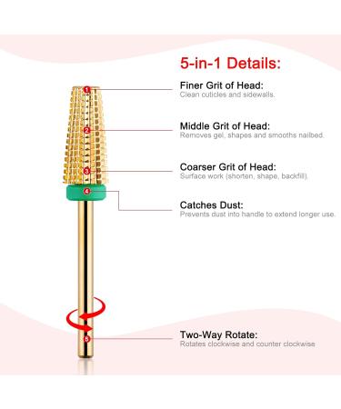 BNG 5 in 1 Carbide Nail Drill Bit Coarse Gold - Fast Acrylic & Hard Gel Removal - 3/32 Electric Tungsten Steel Bits for Manicure Pedicure Salon Tool - Buy Online on GoSupps.com
