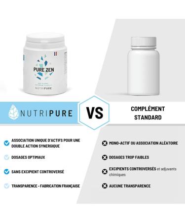 Nutripure | Pure Zen | Anti-Stress and Anxiety Supplement | Improves Sleep Quality and Promotes Relaxation | GABA Valerian L-Tryptophan | 90 Capsules | 1 Month | Made in France - Buy Online on GoSupps.com