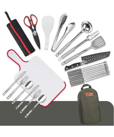KissAir Portable Camp Kitchen Utensil Organizer Set - BBQ Camping Cookware Travel Kit with Flatware, Water Resistant Case, Cutting Board, Rice Paddle, Tongs, Scissors (Army Green) - Buy Online on GoSupps.com