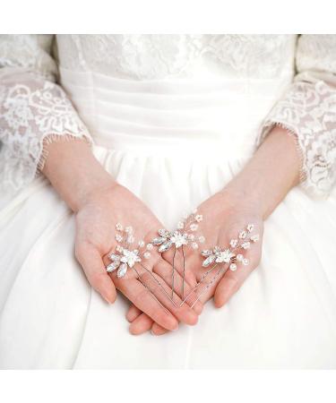 Crystal Bride Wedding Hair Pins - Silver Flower Bridal Headpiece with Pearl Accents - Pack of 3 - Buy Online on GoSupps.com