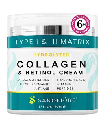 Retinol Collagen Cream For Face Anti Aging Moisturizer | Type I & III Collagen for a Firm Supple Look |10 000 ppm Retinol for Smooth Soft & Even Skin Appearance | Women & Men 1.7 fl.oz