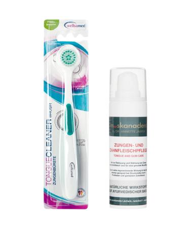 Wellsamed savings set with 1 piece of Tongue Brush tongue cleaner and 1x Muskanadent gum and tongue gel to effective combating tongue covering and halitosis
