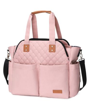 Lekebaby Baby Diaper Bag Messenger Large with Changing Mat for Travel Pink Quilted