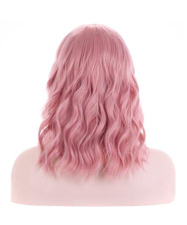 BERON 14 Women Girls Short Curly Synthetic Wig with Bangs - Lovely Pink 14 Inch - Buy Online on GoSupps.com