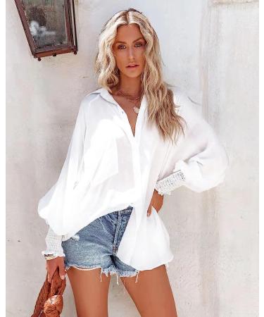NLBZYDHFC Women's Long Puff Sleeve V-Neck Striped Button Down Shirt - Pure White, XL - Buy Online on GoSupps.com