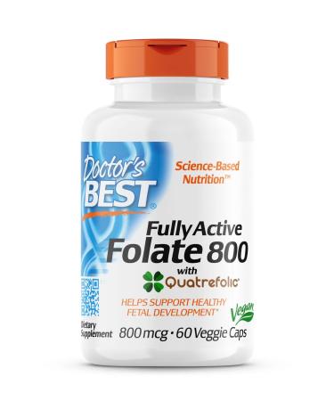Doctor's Best Fully Active Folate with Quatrefolic (Folic Acid) 800mcg 60 Vegan Capsules Laboratory Tested Gluten Free SOYA Free Vegetarian Non-GMO