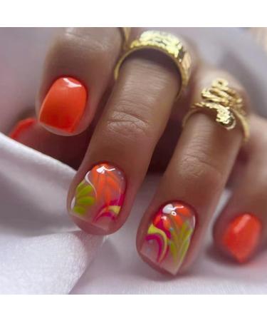 24Pcs Orange Press On Nails Short Square - WLGDLH Fake Nails Bright Glossy False Nails Press ons with Colorful Flower Design Nail Tips Full Cover Acrylic Nails Art Kit for Women Manicure Design 1B1