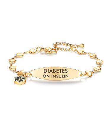 mnmoom Medical Alert Bracelets for Women Stainless steel Heart Medical ID bracelets with Free Engraving diabetes on insulin Eye-Gold
