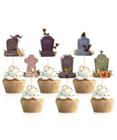 Donoter 24 Pieces Tombstone Cupcake Toppers Cupcake Picks for Halloween Themed Birthday Party Cake Decorations