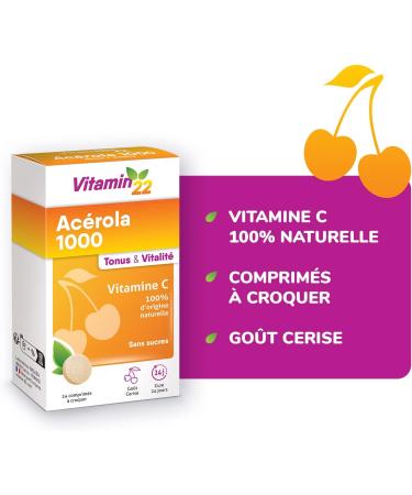 VITAMIN'22 - Acerola 1000 - Compl ment alimentaire base d'Ac rola- Vitamine C 100% d'origine naturelle - Sans sucre - Sans gluten - Go t Cerise - Cure de 24 jours - Buy Online on GoSupps.com