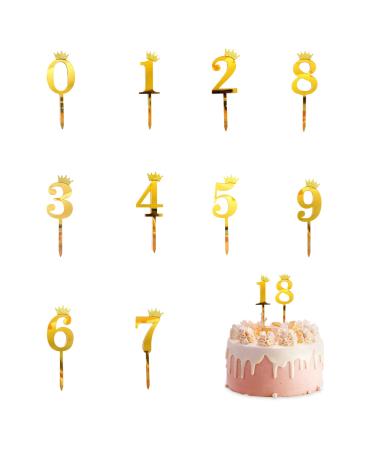 10PCS Gold Acrylic Number Cake Topper 0-9 Numbers DIY Number Birthday Cake Topper with Crown 0-9 Cake Number Toppers for Wedding Birthday Cake Baby Shower Party