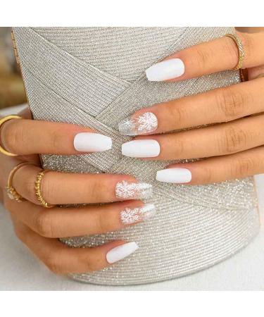 Sethexy Medium White Ballerina Sparkle False Nails - 24 Glossy Coffin Acrylic Nail Tips with Glue for Women & Girls - Buy Online on GoSupps.com
