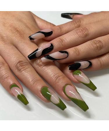 Green and Black Mandarin Ducks Long Coffin False Nails Wearable Wavy Rhinestone Ballerina Fake Nails Full Cover Manicure Tool 1