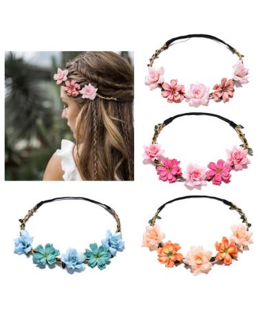 Flower Crown for Women Girls Floral Headbands Elastic Ribbon Bridal Bridesmaid Fairy Headpiece for Party Wedding Beach (4 Pack)