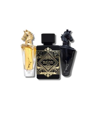 Lattafa for Unisex 3 Piece Eau de Parfum Gift Set (Bade'e Al Oud Oud for Glory + Maahir + Maahir Black Edition for Men) 3.4 Ounce/100 ml each Smoky - Buy Online on GoSupps.com