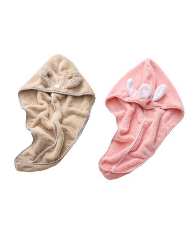 Microfiber hair towel for women pink and brown quickly drying bath hat cute hair turban absorbent hair dryer with a button 2 pieces