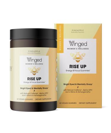 Winged Rise Up Gummies | Energy & Brain Boost Supplement | Natural Caffeine, Ashwagandha & B12 for Energy | Nootropics Alpha-GPC, Lion’s Mane & Huperzine A for Focus | Pineapple Flavor (30 Servings) 60 Count