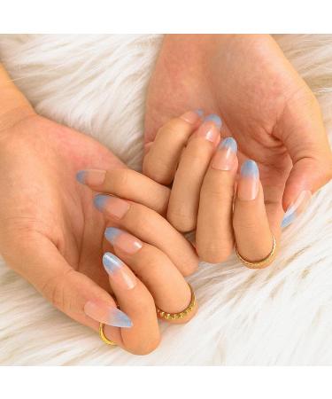 Sethexy Shortly shiny oval false fingernails sparkle acrylic art nail tip 24 in gradient nails with glue complete cover press false nails for women and girls (blue)